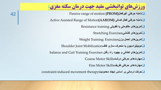 ‫مغزی‬ ‫سکته‬ ‫درمان‬ ‫جهت‬ ‫مفید‬ ‫توانبخشی‬ ‫های‬‫ورزش‬
:
❑
‫غیرفعال‬ ‫حرکتی‬ ‫دامنه‬
(
PROM
)
Passive range of motion
❑
‫کمکی‬ ‫فعال‬ ‫حرکتی‬ ‫دامنه‬
(
AAROM
)
Active Assisted Range of Motion
❑
‫تقویتی‬ ‫یا‬ ‫مقاومتی‬ ‫های‬‫تمرین‬
Resistance training
❑
‫کششی‬ ‫های‬‫تمرین‬
Stretching Exercises
❑
‫وزن‬ ‫تحمل‬ ‫های‬‫تمرین‬
Weight Training: Exercises
❑
‫کتف‬ ‫سازی‬ ‫متحرک‬ ‫یا‬ ‫موبیلیزاسیون‬
Shoulder Joint Mobilization
❑
‫رفتن‬ ‫راه‬ ‫بهبود‬ ‫و‬ ‫تعادلی‬ ‫های‬‫تمرین‬
balance and Gait Training Exercises
❑
‫درشت‬ ‫حرکتی‬ ‫های‬‫مهارت‬
Coarse Motor Skills
❑
‫ظریف‬ ‫حرکتی‬ ‫های‬‫مهارت‬
Fine Motor Skills
❑
‫محدودیت‬ ‫ایجاد‬ ‫اساس‬ ‫بر‬ ‫درمانی‬ ‫حرکت‬
constraint-induced movement therapy
42
 