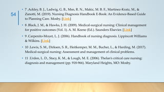 • 7 .Ackley, B. J., Ladwig, G. B., Msn, R. N., Makic, M. B. F., Martinez-Kratz, M., &
Zanotti, M. (2019). Nursing Diagnosis Handbook E-Book: An Evidence-Based Guide
to Planning Care. Mosby. [Link]
• 8 .Black, J. M., & Hawks, J. H. (2009). Medical-surgical nursing: Clinical management
for positive outcomes (Vol. 1). A. M. Keene (Ed.). Saunders Elsevier. [Link]
• 9 .Carpenito-Moyet, L. J. (2006). Handbook of nursing diagnosis. Lippincott Williams
& Wilkins. [Link]
• 10 .Lewis, S. M., Dirksen, S. R., Heitkemper, M. M., Bucher, L., & Harding, M. (2017).
Medical-surgical nursing: Assessment and management of clinical problems.
• 11 .Urden, L. D., Stacy, K. M., & Lough, M. E. (2006). Thelan’s critical care nursing:
diagnosis and management (pp. 918-966). Maryland Heights, MO: Mosby.
54
 
