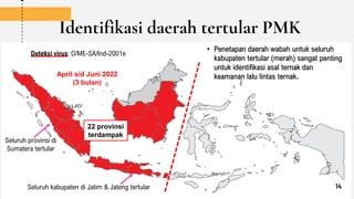 22 provinsi
terdampak
Identifikasi daerah tertular PMK
April s/d Juni 2022
(3 bulan)
• Penetapan daerah wabah untuk seluruh
kabupaten tertular (merah) sangat penting
untuk identifikasi asal ternak dan
keamanan lalu lintas ternak.
Seluruh kabupaten di Jatim & Jateng tertular
Seluruh provinsi di
Sumatera tertular
Deteksi virus: O/ME-SA/Ind-2001e
14
 