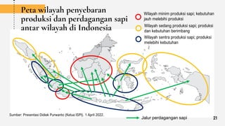 Sumber: Presentasi Didiek Purwanto (Ketua ISPI). 1 April 2022.
Wilayah minim produksi sapi; kebutuhan
jauh melebihi produksi
Wilayah sedang produksi sapi; produksi
dan kebutuhan berimbang
Wilayah sentra produksi sapi; produksi
melebihi kebutuhan
Peta wilayah penyebaran
produksi dan perdagangan sapi
antar wilayah di Indonesia
21
Jalur perdagangan sapi
 