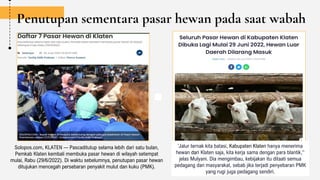 Penutupan sementara pasar hewan pada saat wabah
Solopos.com, KLATEN — Pascaditutup selama lebih dari satu bulan,
Pemkab Klaten kembali membuka pasar hewan di wilayah setempat
mulai, Rabu (29/6/2022). Di waktu sebelumnya, penutupan pasar hewan
ditujukan mencegah persebaran penyakit mulut dan kuku (PMK).
’Jalur ternak kita batasi, Kabupaten Klaten hanya menerima
hewan dari Klaten saja, kita kerja sama dengan para blantik,''
jelas Mulyani. Dia mengimbau, kebijakan itu ditaati semua
pedagang dan masyarakat, sebab jika terjadi penyebaran PMK
yang rugi juga pedagang sendiri.
 