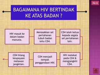 No 6

BAGAIMANA HIV BERTINDAK
KE ATAS BADAN ?

HIV masuk ke
dalam badan
manusia.

CD4 hilang
keupayaan
melawan
jangkitan.

Merosakkan sel
pertahanan
tubuh badan
iaitu CD4.

CD4 ialah ketua
kepada segala
sel pertahanan
lain.

CD4 menjadi
tempat
penggandaan HIV.

HIV melekat
pada CD4 &
mengjangkiti
CD4.

 