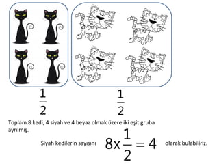 1                               1
            2                               2
Toplam 8 kedi, 4 siyah ve 4 beyaz olmak üzere iki eşit gruba

                                          1
ayrılmış.

             Siyah kedilerin sayısını
                                        8x = 4                 olarak bulabiliriz.

                                          2
 