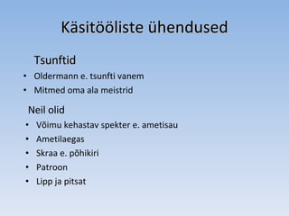 Käsitööliste ühendused Tsunftid Oldermann e. tsunfti vanem Mitmed oma ala meistrid Neil olid  Võimu kehastav spekter e. ametisau Ametilaegas Skraa e. põhikiri Patroon Lipp ja pitsat 