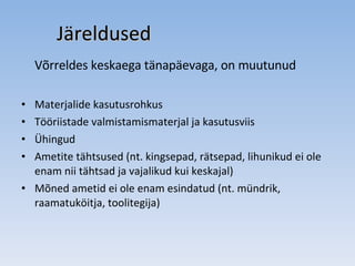 Järeldused Võrreldes keskaega tänapäevaga, on muutunud Materjalide kasutusrohkus Tööriistade valmistamismaterjal ja kasutusviis Ühingud Ametite tähtsused (nt. kingsepad, rätsepad, lihunikud ei ole enam nii tähtsad ja vajalikud kui keskajal) Mõned ametid ei ole enam esindatud (nt. mündrik, raamatuköitja, toolitegija) 