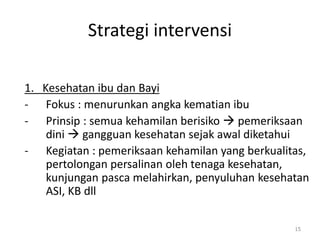 Strategi intervensi
1. Kesehatan ibu dan Bayi
- Fokus : menurunkan angka kematian ibu
- Prinsip : semua kehamilan berisiko  pemeriksaan
dini  gangguan kesehatan sejak awal diketahui
- Kegiatan : pemeriksaan kehamilan yang berkualitas,
pertolongan persalinan oleh tenaga kesehatan,
kunjungan pasca melahirkan, penyuluhan kesehatan
ASI, KB dll
15
 
