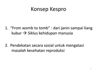 Konsep Kespro
1. “From womb to tomb” : dari janin sampai liang
kubur  Siklus kehidupan manusia
2. Pendekatan secara sosial untuk mengatasi
masalah kesehatan reproduksi
3
 