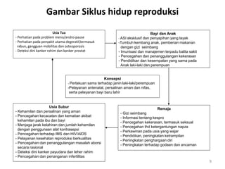 Gambar Siklus hidup reproduksi
Usia Tua
- Perhatian pada problem meno/andro-pause
- Perhatian pada penyakit utama degeratif,termasuk
rabun, gangguan mobilitas dan osteoporosis
- Deteksi dini kanker rahim dan kanker prostat
9
Bayi dan Anak
- ASI eksklusif dan penyapihan yang layak
-Tumbuh kembang anak, pemberian makanan
dengan gizi seimbang
- Imunisasi dan manajemen terpadu balita sakit
- Pencegahan dan penanggulangan kekerasan
- Pendidikan dan kesempatan yang sama pada
Anak laki-laki dan perempuan
Konsepsi
- Perlakuan sama terhadap janin laki-laki/perempuan
-Pelayanan antenatal, persalinan aman dan nifas,
serta pelayanan bayi baru lahir
Usia Subur
- Kehamilan dan persalinan yang aman
- Pencegahan kecacatan dan kematian akibat
kehamilan pada ibu dan bayi
- Menjaga jarak kelahiran dan jumlah kehamilan
dengan penggunaan alat kontrasepsi
- Pencegahan terhadap IMS dan HIV/AIDS
- Pelayanan kesehatan reproduksi berkualitas
- Pencegahan dan penanggulangan masalah aborsi
secara rasional
- Deteksi dini kanker payudara dan leher rahim
- Pencegahan dan penanganan infertilitas
Remaja
- Gizi seimbang
- Informasi tentang kespro
- Pencegahan kekerasan, termasuk seksual
- Pencegahan thd ketergantungan napza
- Perkawinan pada usia yang wajar
- Pendidikan, peningkatan ketrampilan
- Peningkatan penghargaan diri
- Peningkatan terhadap godaan dan ancaman
 