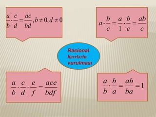 a с
b d

ac
, b 0, d 0
bd

b
a
c

a b
1 с

ab
с

Rasional
kəsrlərin
vurulması

a c e
b d f

ace
bdf

a b
b a

ab
ba

1

 