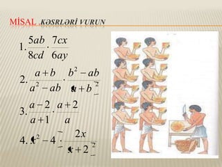MİSAL .KƏSRLƏRİ VURUN

5ab 7cx
1.
8cd 6ay
2

a b b ab
2. 2
2
a ab a b
a 2 a 2
3.
a 1 a
2x
2
4. x 4
2
x 2

 