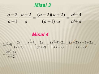 Misal 3
a 2 a 2
a 1
a

(a

2)( a 2)
(a 1) a

a2 4
2
a a

Misal 4
2x
( x 4)
( x 2)
2
2x 4x
x 2
2

2

x 4
2x
1 ( x 2)

2

( x 4) 2 x
1 ( x 2)

( x 2)( x 2) 2 x
( x 2) 2

 