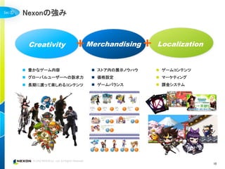 ①   Nexonの強み



     Creativity         Merchandising    Localization


     豊かなゲーム内容            ストア内の展示ノウハウ    ゲームコンテンツ
     グローバルユーザーへの訴求力      価格設定           マーケティング
     長期に渡って楽しめるコンテンツ     ゲームバランス        課金システム




                                                        10
 