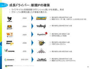 ①   成長ドライバー：新規IPの確保
    • ライフサイクル初期段階でポテンシャル高いIPを発掘し、育成
    • グローバル展開を通じたIP価値の最大化

                            累計総売上高500百万米ドル超
                            韓国でのユーザー数、14百万人（人口の約３分の１超）



                            累計総売上高300百万米ドル超




                            累計総売上高15億米ドル超
                            世界90カ国以上で配信



                            累計総売上高20億米ドル超
                            中国ではNo.２タイトル



                            累計総売上高100百万米ドル超



                            累計総売上高300百万米ドル超
                            韓国では５年以上No.１のFPSタイトル


                                                          16
 