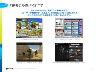 ①   F2Pモデルのパイオニア
               F2P（Free-to-play、基本プレイ無料）モデル：
          ユーザーが無料でゲームを遊べ、より充実したプレイを楽しむため
             ゲーム内のアイテム等を購入できるビジネスモデル。




        『メイプルストーリー』ゲーム画面         『メイプルストーリー』ゲーム内アイテムショップ




      『カウンターストライクオンライン』ゲーム画面   『カウンターストライクオンライン』ゲーム内アイテムショップ




                                                               6
 