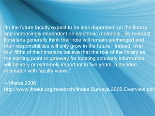 “In the future faculty expect to be less dependent on the library
and increasingly dependent on electronic materials. By contrast
librarians generally think their role will remain unchanged and
their responsibilities will only grow in the future. Indeed, over
four fifths of the librarians believe that the role of the library as
the starting point or gateway for locating scholarly information
will be very or extremely important in five years, a decided
mismatch with faculty views.”
-- Ithaka 2006
http://www.ithaka.org/research/Ithaka.Surveys.2006.Overview.pdf
 