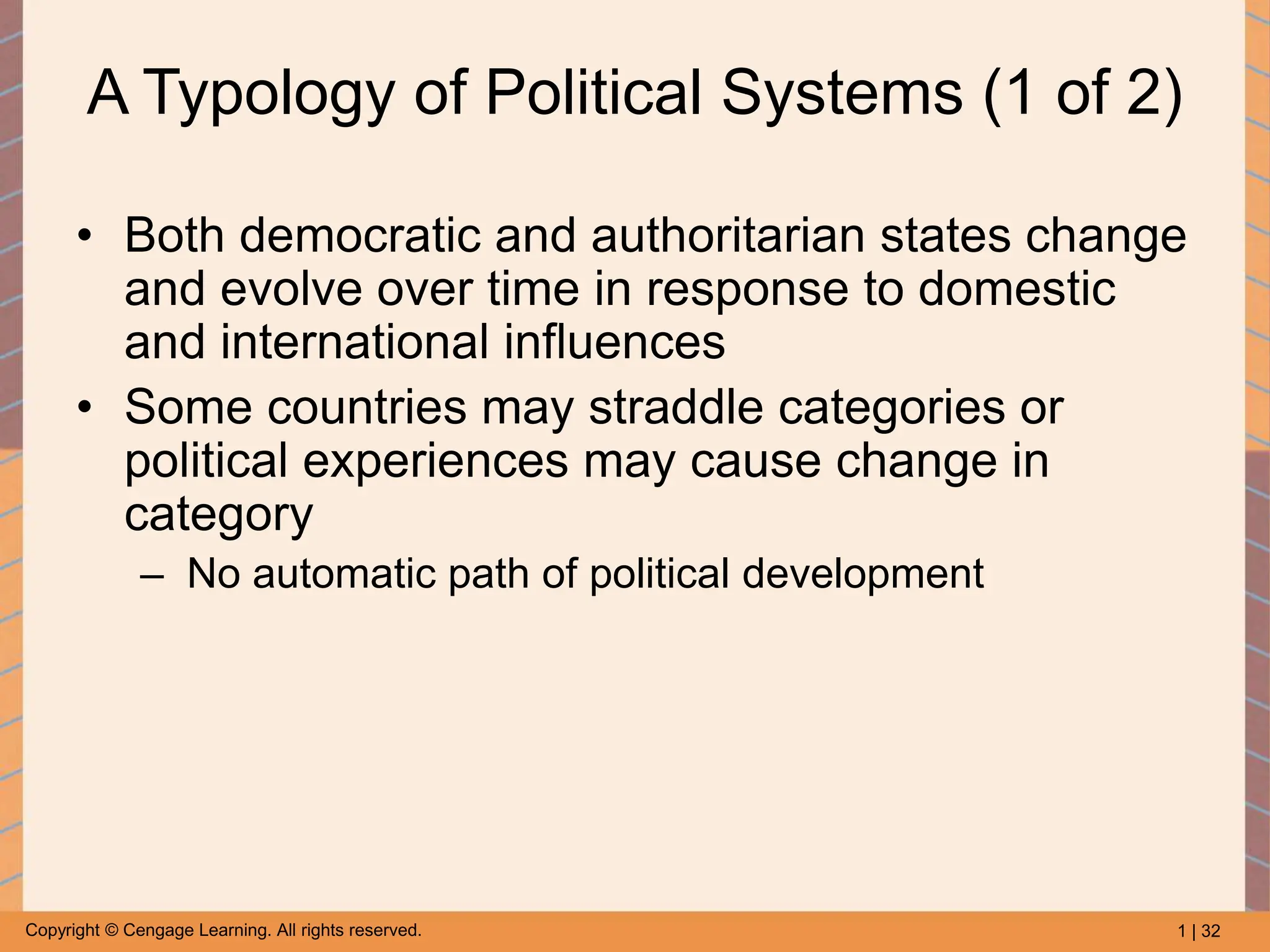 1 | 32
Copyright © Cengage Learning. All rights reserved.
A Typology of Political Systems (1 of 2)
• Both democratic and authoritarian states change
and evolve over time in response to domestic
and international influences
• Some countries may straddle categories or
political experiences may cause change in
category
– No automatic path of political development
 