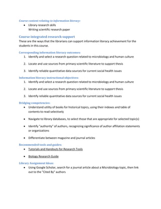 Course content relating to information literacy:
       Library research skills
       Writing scientific research paper

Course integrated research support
These are the ways that the librarians can support information literacy achievement for the
students in this course.

Corresponding information literacy outcomes:
   1. Identify and select a research question related to microbiology and human culture

   2. Locate and use sources from primary scientific literature to support thesis

   3. Identify reliable quantitative data sources for current social health issues

Information literacy instructional objectives:
   1. Identify and select a research question related to microbiology and human culture

   2. Locate and use sources from primary scientific literature to support thesis

   3. Identify reliable quantitative data sources for current social health issues

Bridging competencies:
       Understand utility of books for historical topics, using their indexes and table of
       contents to read selectively

       Navigate to library databases, to select those that are appropriate for selected topic(s)

       Identify "authority" of authors, recognizing significance of author affiliation statements
       or organizations

       Differentiate between magazine and journal articles

Recommended tools and guides:
       Tutorials and Handouts for Research Tools

       Biology Research Guide

Library Assignment Ideas:
       Using Google Scholar, search for a journal article about a Microbiology topic, then link
       out to the "Cited By" authors
 