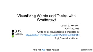 Visualizing Words and Topics with
Scattertext
Jason S. Kessler*
June 14, 2018
Code for all visualizations is available at:
https://github.com/JasonKessler/PyDataSeattle2018
$ pip3 install scattertext
@jasonkessler*No, not that Jason Kessler
 