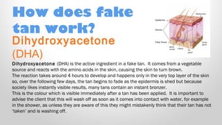 How does fake
tan work?

Dihydroxyacetone
(DHA)

Dihydroxyacetone (DHA) is the active ingredient in a fake tan.  It comes from a vegetable
source and reacts with the amino acids in the skin, causing the skin to turn brown.
The reaction takes around 4 hours to develop and happens only in the very top layer of the skin
so, over the following few days, the tan begins to fade as the epidermis is shed but because
society likes instantly visible results, many tans contain an instant bronzer.
This is the colour which is visible immediately after a tan has been applied.  It is important to
advise the client that this will wash off as soon as it comes into contact with water, for example
in the shower, as unless they are aware of this they might mistakenly think that their tan has not
‘taken’ and is washing off.

 