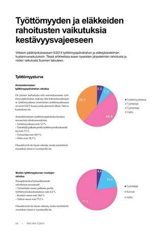 2 0 – HELINS 1/2015
Työttömyyden ja eläkkeiden
rahoitusten vaikutuksia
kestävyysvajeeseen
Viittasin pääkirjoituksessani 5/2014 työttömyyspäivärahan ja eläkejärjestelmän
kustannusvaikutuksiin. Tässä artikkelissa avaan kyseisten järjestelmien rahoitusta ja
niiden vaikutusta Suomen talouteen.
Työttömyysturva
Ansiosidonnaisen
työttömyyspäivärahan rahoitus
On yleinen harhaluulo, että ansiosidonnaisen työt-
tömyyspäivärahan maksaja olisi kokonaisuudessaan
se työttömyyskassa (insinöörien työttömyyskassana
on usein IAET-kassa), jonka jäsenenä ollaan. Näin ei
kuitenkaan ole.
Ansiosidonnainen työttömyyspäiväraha koostuu
seuraavista rahoitusosuuksista:
n Työttömyyskassa noin 5,5 %.
n Työntekijä(palkastaperittytyöttömyysvakuutusmak-
su) noin 7,3 %.
n Työnantaja noin 48,9 %.
n Valtio noin 38,3 %.
Osuudeteivät ole täysin vakioita, mutta merkittäviä
muutoksia niissä ei vuositasolla ole.
Muiden työttömyysturvan muotojen
rahoitus
Peruspäiväraha/työmarkkinatuki
rahoitetaanseuraavasti:
n Työntekijän osuus (palkasta peritty
työttömyysvakuutusmaksu) noin 4,4 %.
n Kuntien osuus noin 18,4 %.
n Valtion osuus noin 77,2 %.
Osuudeteivät ole täysin vakioita, mutta merkittäviä
muutoksia niissä ei vuositasolla ole.
 
