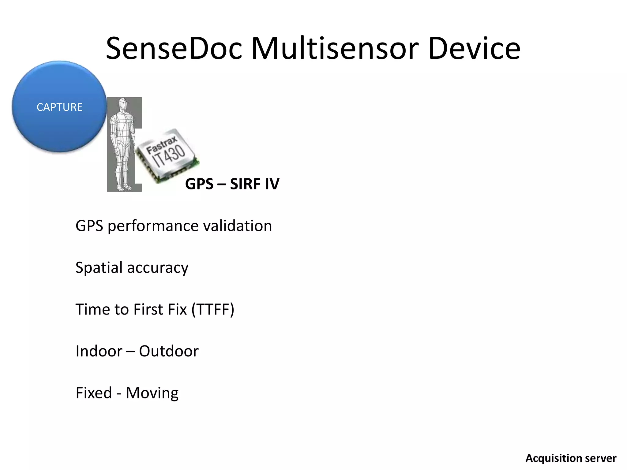 SenseDoc Multisensor Device
CAPTURE
Acquisition server
GPS – SIRF IV
GPS performance validation
Spatial accuracy
Time to First Fix (TTFF)
Indoor – Outdoor
Fixed - Moving
 