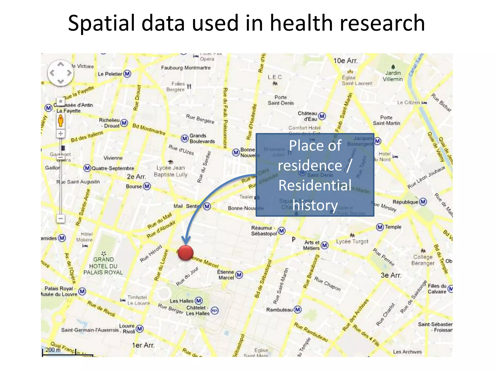 Spatial data used in health research
Place of
residence /
Residential
history
 