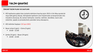 TƏLİM QRAFİKİ
ÜMUMİ TƏLİM PLANI VƏ SAATLARI
 KES layihəsinə qəbul olan üzvlərlə təlimlərə hazırlıq üçün 2015-ci ilin May ayında bir
neçə dəfə görüş olacaq. Görüşlərdə layihənin sizin həyatınızda və karyeranızda rolu
müzakirə olunacaq. Bu zaman təlimçilər, tutorlar, təlimlər, dərsliklər, lazım olan
sistemlər, qayda və prosedurlarla yaxından tanış olacaqsınız.
 KES təlimləri başlayır: 01 İyun 2015
 Bazar ertəsi [I gün] – Cümə [V gün]
 19:00 – 22:00
 Şənbə [VI gün] – Bazar [VII gün]
 10:00 – 22:00
ADA Ltd KES.AZADA Ltd
 