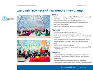 Портфолио агентства

Февраль 2013

ДЕТСКИЙ ТВОРЧЕСКИЙ ФЕСТИВАЛЬ «АФИ-ЛЭНД»
Задачи
• Обеспечить посещение ТРЦ «АФИМОЛЛ Сити» целевой
аудиторией – родители и дети
• Позиционирование ТРЦ «АФИМОЛЛ Сити», как
социально ответственный торгово-развлекательный
центр для всей семьи
• Обеспечить освещение мероприятия в СМИ

Решение
• Разработка сценария мероприятия
• Поиск и приглашение партнеров мероприятия
• Реализация мероприятия (продолжительность 16 дней)
под ключ
• Написание и рассылка адаптированных текстов: прессрелизы, новость для сайта, новость для социальных
сетей
• Обеспечение призового фонда
• Продакшн и размещение декораций на территории ТРЦ
«АФИМОЛЛ Сити»

Результат
• В период с 6 августа по 21 августа детский творческий
фестиваль «АФИ-ЛЭНД» посетило более 3000 детей и
родителей
• Инициированы публикации в ведущих печатных
изданиях для родителей и детей (более 150 публикаций).

 