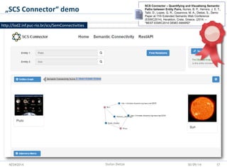 KESW2014 
„SCS Connector“ demo 
http://lod2.inf.puc-rio.br/scs/SemConnectivities 
SCS Connector – Quantifying and Visualis...