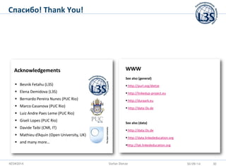 KESW2014 
Спасибо! Thank You! 
WWW See also (general) 
 http://purl.org/dietze 
 http://linkedup-project.eu 
 http://du...