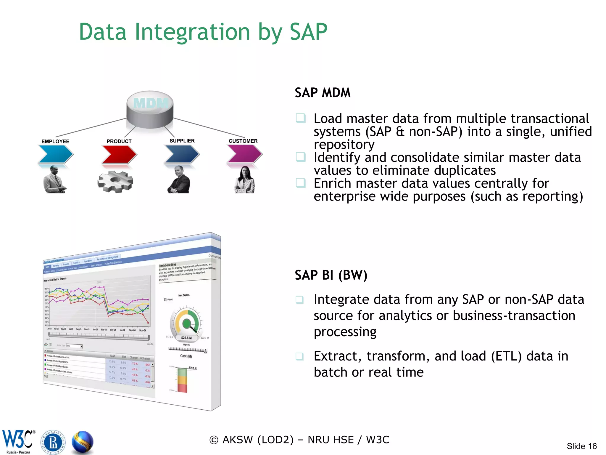 Data Integration by SAP

                                                      SAP MDM
                       MDM
                                                       Load master data from multiple transactional
                                                        systems (SAP & non-SAP) into a single, unified
EMPLOYEE     PRODUCT         SUPPLIER      CUSTOMER
                                                        repository
                                                       Identify and consolidate similar master data
                                                        values to eliminate duplicates
                                                       Enrich master data values centrally for
                                                        enterprise wide purposes (such as reporting)




                                                      SAP BI (BW)
                                                         Integrate data from any SAP or non-SAP data
                                                          source for analytics or business-transaction
                                                          processing
                                                         Extract, transform, and load (ETL) data in
                                                          batch or real time



                                        © AKSW (LOD2) – NRU HSE / W3C
                                                                                                   Slide 16
 