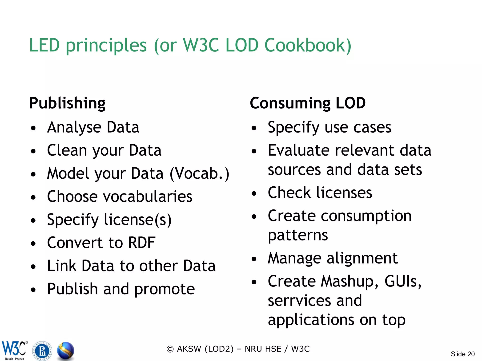 LED principles (or W3C LOD Cookbook)


Publishing                       Consuming LOD
• Analyse Data                   • Specify use cases
• Clean your Data                • Evaluate relevant data
• Model your Data (Vocab.)         sources and data sets
• Choose vocabularies            • Check licenses
• Specify license(s)             • Create consumption
• Convert to RDF                   patterns
• Link Data to other Data        • Manage alignment
• Publish and promote            • Create Mashup, GUIs,
                                   serrvices and
                                   applications on top
                 © AKSW (LOD2) – NRU HSE / W3C
                                                            Slide 20
 