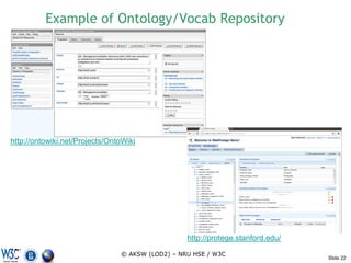 Example of Ontology/Vocab Repository




http://ontowiki.net/Projects/OntoWiki




                                                  http://protege.stanford.edu/

                                © AKSW (LOD2) – NRU HSE / W3C
                                                                                 Slide 22
 