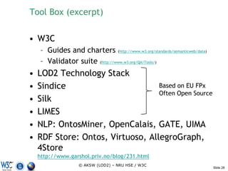 Tool Box (excerpt)

• W3C
     – Guides and charters (http://www.w3.org/standards/semanticweb/data)
     – Validator suite (http://www.w3.org/QA/Tools/)
•   LOD2 Technology Stack
•   Sindice                        Based on EU FPx
                                   Often Open Source
•   Silk
•   LIMES
•   NLP: OntosMiner, OpenCalais, GATE, UIMA
•   RDF Store: Ontos, Virtuoso, AllegroGraph,
    4Store
    http://www.garshol.priv.no/blog/231.html
                    © AKSW (LOD2) – NRU HSE / W3C
                                                                            Slide 28
 