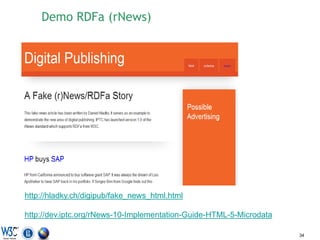 Demo RDFa (rNews)




http://hladky.ch/digipub/fake_news_html.html

http://dev.iptc.org/rNews-10-Implementation-Guide-HTML-5-Microdata

                                                                     34
 