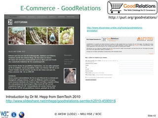 E-Commerce - GoodRelations
                                                                  http://purl.org/goodrelations/

                                               http://www.ebusiness-unibw.org/tools/goodrelations-
                                               annotator/




Introduction by Dr M. Hepp from SemTech 2010
http://www.slideshare.net/mhepp/goodrelations-semtech2010-4590918


                            © AKSW (LOD2) – NRU HSE / W3C
                                                                                                     Slide 43
 