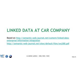 LINKED DATA AT CAR COMPANY
Based on http://semantic-web-journal.net/content/linked-data-
enterprise-information-integration
http://semantic-web-journal.net/sites/default/files/swj300.pdf




                   © AKSW (LOD2) – NRU HSE / W3C
                                                                 Slide 45
 