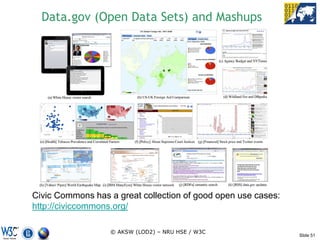Data.gov (Open Data Sets) and Mashups




Civic Commons has a great collection of good open use cases:
http://civiccommons.org/

                  © AKSW (LOD2) – NRU HSE / W3C
                                                               Slide 51
 