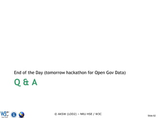 End of the Day (tomorrow hackathon for Open Gov Data)

Q&A


                   © AKSW (LOD2) – NRU HSE / W3C
                                                        Slide 62
 