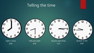 Telling the time
Eight o´clock Half past eight Quarter past three Quarter to ten
8:00 8:30 3:15 9:45
 