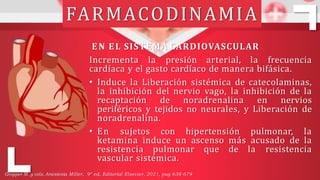 EN EL SISTEMA CARDIOVASCULAR
Incrementa la presión arterial, la frecuencia
cardíaca y el gasto cardíaco de manera bifásica.
• Induce la Liberación sistémica de catecolaminas,
la inhibición del nervio vago, la inhibición de la
recaptación de noradrenalina en nervios
periféricos y tejidos no neurales, y Liberación de
noradrenalina.
• En sujetos con hipertensión pulmonar, la
ketamina induce un ascenso más acusado de la
resistencia pulmonar que de la resistencia
vascular sistémica.
FARMACODINAMIA
Gropper M. y cols, Anestesia Miller, 9° ed, Editorial Elsevier, 2021, pag 638-679
 