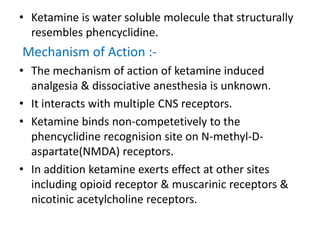 • Ketamine is water soluble molecule that structurally
resembles phencyclidine.
Mechanism of Action :-
• The mechanism of action of ketamine induced
analgesia & dissociative anesthesia is unknown.
• It interacts with multiple CNS receptors.
• Ketamine binds non-competetively to the
phencyclidine recognision site on N-methyl-D-
aspartate(NMDA) receptors.
• In addition ketamine exerts effect at other sites
including opioid receptor & muscarinic receptors &
nicotinic acetylcholine receptors.
 
