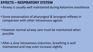 EFFECTS – RESPIRATORY SYSTEM
•Airway is usually well maintained during Ketamine anesthesia
•Some preservation of pharyngeal & laryngeal reflexes in
comparison with other intravenous agents
•However normal airway care must be maintained when
possible
•After a slow intravenous induction, breathing is well
maintained and may even increase slightly
 