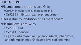 INTERACTIONS
•Plasma concentrations are  by
•CYP3A4 inhibitors (e.g., diazepam) and
• CYP2B6 inhibitors (e.g., orphenadrine)
•This is due to inhibition of its metabolism.
•Plasma levels are  by
• CYP2B6 and
• CYP3A4 inducers
• eg are carbamazepine, phenobarbital, phenytoin,
and rifampicin may  plasma levels of ketamine
 