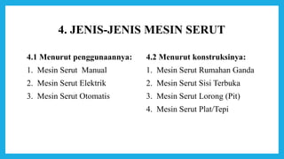 4. JENIS-JENIS MESIN SERUT
4.1 Menurut penggunaannya:
1. Mesin Serut Manual
2. Mesin Serut Elektrik
3. Mesin Serut Otomatis
4.2 Menurut konstruksinya:
1. Mesin Serut Rumahan Ganda
2. Mesin Serut Sisi Terbuka
3. Mesin Serut Lorong (Pit)
4. Mesin Serut Plat/Tepi
 