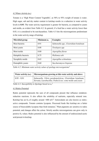 4.2 Water Activity (aw)
Tomato is a ‘High Water Content Vegetable’, as 94% to 95% weight of tomato is water.
High sugar, salt and dry matter content in ketchup results in a reduction in water activity
levels to 0.93. The water activity requirement is greater for bacteria, as compared to yeasts
and molds, as evident from Table 4.2. In general, if a food has a water activity lower than
0.85, it is considered to be non-hazardous. Table 4.3 lists the microorganisms predominant
in the water activity range of ketchup.
Microbial group Minimum aw Examples
Most bacteria 0.91 Salmonella spp., Clostridium botulinum
Most yeasts 0.88 Torulopsis spp.
Most molds 0.80 Aspergillus flavus
Halophilic bacteria 0.75 Wallemia sebi
Xerophilic molds 0.65 Aspergillus echinulatas
Osmophilic yeasts 0.60 Saccharomyces bisporus
Table 4.2: Minimum water activity values of spoilage microorganisms5
Water activity (aw) Microorganisms growing at this water activity and above
0.95 – 0.91 Salmonella, Vibrio parahemolyticus, Clostridium botulinum,
Serratia, Lactobacillus, Pediociccus; some molds and yeasts
Table 4.3: Susceptibility to Spoilage based on aw
5
4.3 Redox Potential
Redox potential represents the sum of all compounds present that influence onidation-
reduction reactions. It also affects the solubility of nutrients, especially mineral ions.
Ketchup has an Eh of roughly around +400 mV.6
Antioxidants are also known as redox-
active compounds. Tomato contains lycopene. Processed foods like ketchup are a better
source of bioavailable lycopene than fresh tomatoes.7
Plant pigments are sensitive to redox
potential, and changes affect the colour. Strictly aerobic microorganisms can grow only in
positive Eh values. Redox potential is also influenced by the amount of undissociated acetic
acid present in ketchup.
 