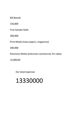 Bill Boards

150,000

Free Sample Stalls

300,000

Print Media (news papers, magazines)

200,000

Electronic Media (television commercial, fm radio)

15,000,00



     Our total expenses


     13330000
 