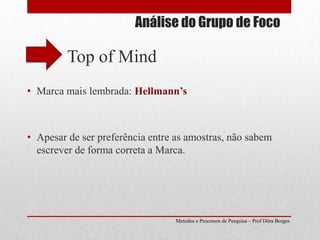 Análise do Grupo de FocoTop of MindMarca mais lembrada: Hellmann’sApesar de ser preferência entre as amostras, não sabem escrever de forma correta a Marca.Metodos e Processos de Pesquisa – Prof Dôra Borges