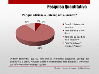 Pesquisa QuantitativaO fator primordial que faz com que os estudantes adicionem ketchup nos alimentos é o sabor. Nenhum utiliza o complemento para diminuir o teor de sal das refeições relativamente salgadas.Metodos e Processos de Pesquisa – Prof Dôra Borges