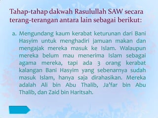 Tahap-tahap dakwah Rasulullah SAW secara
terang-terangan antara lain sebagai berikut:
a. Mengundang kaum kerabat keturunan dari Bani
   Hasyim untuk menghadiri jamuan makan dan
   mengajak mereka masuk ke Islam. Walaupun
   mereka belum mau menerima Islam sebagai
   agama mereka, tapi ada 3 orang kerabat
   kalangan Bani Hasyim yang sebenarnya sudah
   masuk Islam, hanya saja dirahasikan. Mereka
   adalah Ali bin Abu Thalib, Ja’far bin Abu
   Thalib, dan Zaid bin Haritsah.
 